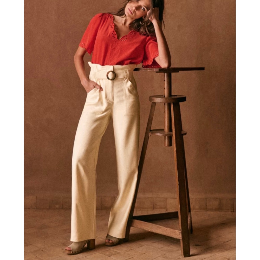 Sezane Silas Cream Linen Blend Paperbag Waist Wide Leg Trousers Pants Ecru Sz 46